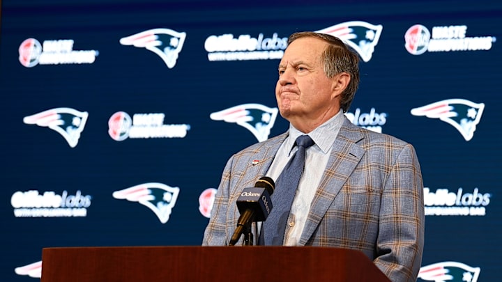 Jan 11, 2024; Foxborough, MA, USA; New England Patriots former head coach Bill Belichick holds a press conference at Gillette Stadium to announce his exit from the team. Mandatory Credit: Eric Canha-Imagn Images