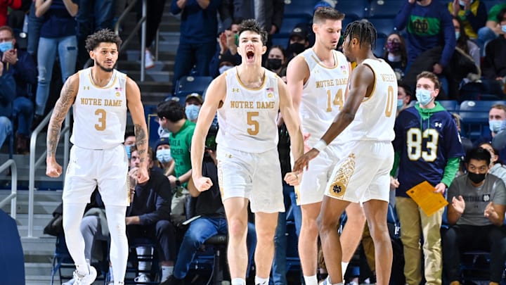 Jan 5, 2022; South Bend, Indiana, USA; Notre Dame Fighting Irish guard Cormac Ryan (5) celebrates