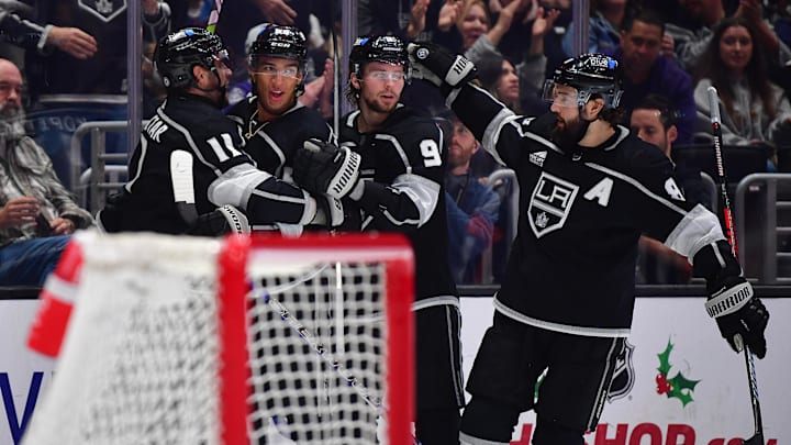 Dec 3, 2023; Los Angeles, California, USA; Los Angeles Kings center Quinton Byfield (55) celebrates