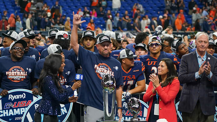 UTSA Roadrunners head coach Jeff Traylor after his team wins the Conference USA Championship game against the North Texas Mean Green at the Alamodome. 