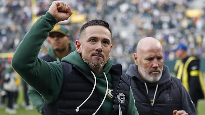 Nov 23, 2025; Green Bay, Wisconsin, USA; Green Bay Packers head coach Matt LaFleur pumps his fist as he runs off the field after defeating the Minnesota Vikings  in the game at Lambeau Field. Mandatory Credit: Tork Mason-USA TODAY Network via Imagn Images