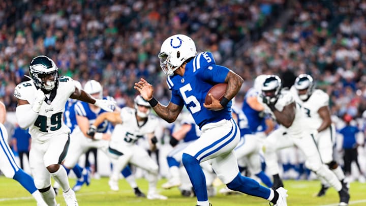 Aug 24, 2023; Philadelphia, Pennsylvania, USA; Indianapolis Colts quarterback Anthony Richardson (5) in action against the Philadelphia Eagles at Lincoln Financial Field. Mandatory Credit: Bill Streicher-Imagn Images Aug 24, 2023; Philadelphia, Pennsylvania, USA; Indianapolis Colts quarterback Anthony Richardson (5) in action against the Philadelphia Eagles at Lincoln Financial Field. Mandatory Credit: Bill Streicher-Imagn Images