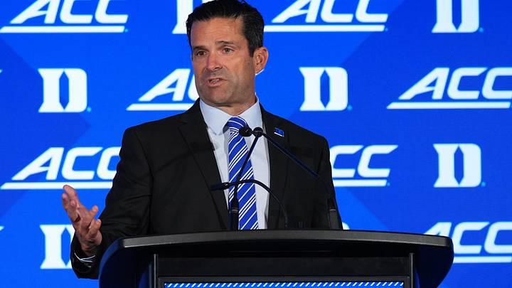 Jul 17, 2026; Charlotte, NC, USA; Duke head coach Manny Diaz talks with the media during interviews at Hilton Charlotte Uptown. Mandatory Credit: Jim Dedmon-Imagn Images