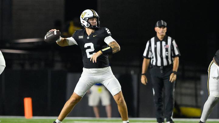Sep 5, 2026; Nashville, Tennessee, USA;  Vanderbilt Commodores quarterback Jared Curtis (2) throws a pass against the Austin Peay Governors during the second half at FirstBank Stadium.  Mandatory Credit: Steve Roberts-Imagn Images