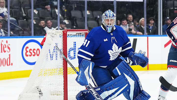 Apr 5, 2025; Toronto, Ontario, CAN; Toronto Maple Leafs goaltender Anthony Stolarz (41) follows the play against the Columbus Blue Jackets during the second period at Scotiabank Arena. Mandatory Credit: Nick Turchiaro-Imagn Images