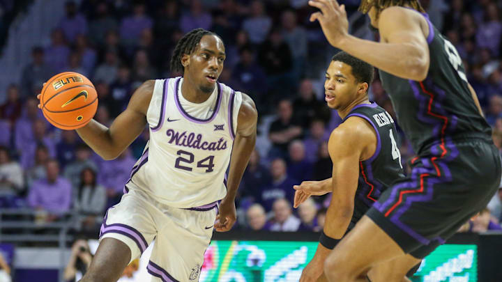Feb 17, 2024; Manhattan, Kansas, USA; Kansas State Wildcats forward Arthur Maluma (24) drives to the