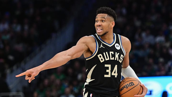 Apr 9, 2024; Milwaukee, Wisconsin, USA; Milwaukee Bucks forward Giannis Antetokounmpo (34) calls a play in the second quarter against the Boston Celtics at Fiserv Forum. Mandatory Credit: Benny Sieu-Imagn Images