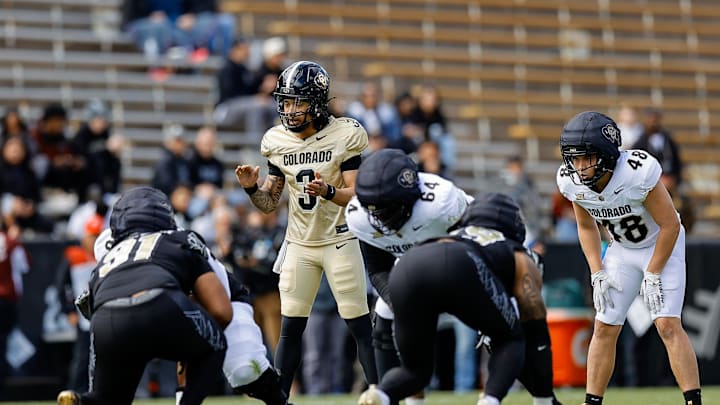 Apr 19, 2025; Boulder, CO, USA; Colorado Buffaloes quarterback Kaidon Salter (3) and running back Christian Sarem (48) during the spring game at Folsom Field. Mandatory Credit: Isaiah J. Downing-Imagn Images