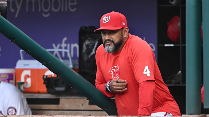 May 20, 2024; Washington, District of Columbia, USA; Washington Nationals manager Dave Martinez (4) looks out from the dugout during a game against the Minnesota Twins during the second inning at Nationals Park. Mandatory Credit: Rafael Suanes-USA TODAY Sports May 20, 2024; Washington, District of Columbia, USA; Washington Nationals manager Dave Martinez (4) looks out from the dugout during a game against the Minnesota Twins during the second inning at Nationals Park. Mandatory Credit: Rafael Suanes-USA TODAY Sports