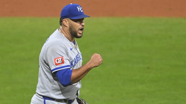 Sep 10, 2025; Cleveland, Ohio, USA; Kansas City Royals relief pitcher Carlos Estevez (53) celebrates a win over the Cleveland Guardians at Progressive Field. Mandatory Credit: David Richard-Imagn Images