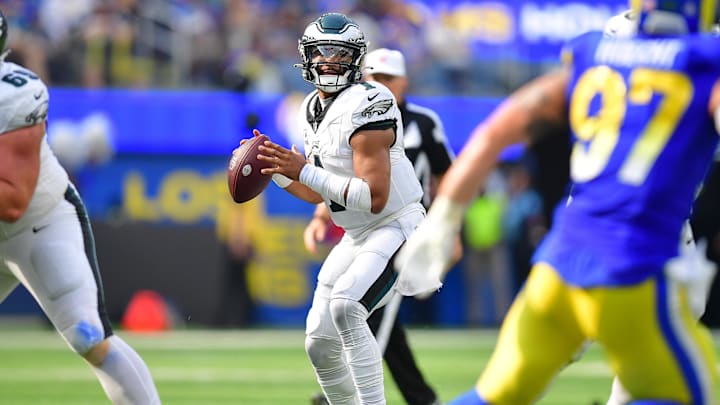 Oct 8, 2023; Inglewood, California, USA; Philadelphia Eagles quarterback Jalen Hurts (1) drops back to pass against the Los Angeles Rams during the second half at SoFi Stadium. Mandatory Credit: Gary A. Vasquez-Imagn Images Oct 8, 2023; Inglewood, California, USA; Philadelphia Eagles quarterback Jalen Hurts (1) drops back to pass against the Los Angeles Rams during the second half at SoFi Stadium. Mandatory Credit: Gary A. Vasquez-Imagn Images