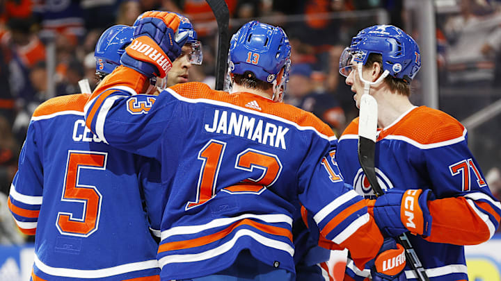 The Edmonton Oilers celebrate a goal scored