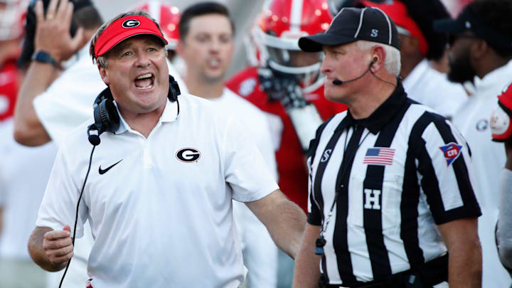 Georgia head coach Kirby Smart argues a call with the ref during the first half of a NCAA college football game against Tennessee Martin in Athens, Ga., on Saturday, Sept. 2, 2023.
