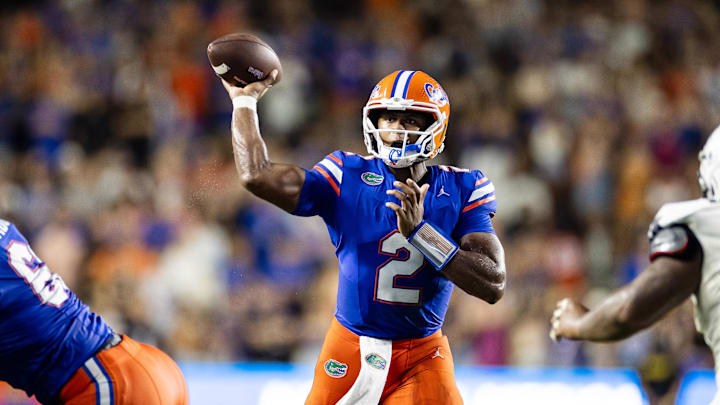 Sep 7, 2024; Gainesville, Florida, USA; Florida Gators quarterback DJ Lagway (2) throws the ball against the Samford Bulldogs during the second half at Ben Hill Griffin Stadium. Mandatory Credit: Matt Pendleton-Imagn Images