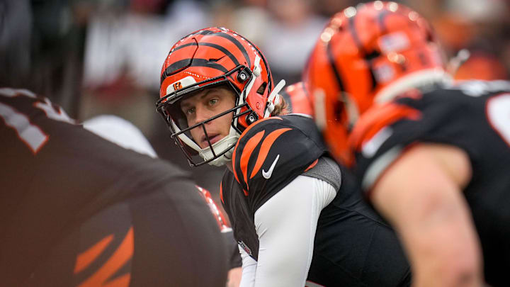 Cincinnati Bengals quarterback Joe Burrow (9) sends a receiver in motion before a snap in the first quarter of the NFL Week 17 game between the Cincinnati Bengals and the Arizona Cardinals at Paycor Stadium in Downtown Cincinnati on Sunday, Dec. 28, 2025. The Bengals led 23-7 at halftime.