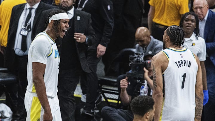 Apr 19, 2025; Indianapolis, Indiana, USA; Indiana Pacers center Myles Turner (33) celebrates a made basket in the second half against the Milwaukee Bucks at Gainbridge Fieldhouse. Mandatory Credit: Trevor Ruszkowski-Imagn Images Apr 19, 2025; Indianapolis, Indiana, USA; Indiana Pacers center Myles Turner (33) celebrates a made basket in the second half against the Milwaukee Bucks at Gainbridge Fieldhouse. Mandatory Credit: Trevor Ruszkowski-Imagn Images