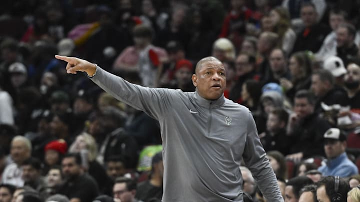 Dec 28, 2024; Chicago, Illinois, USA; Milwaukee Bucks head coach Doc Rivers directs the team against the Chicago Bulls during the first half at the United Center. Mandatory Credit: Matt Marton-Imagn Images Dec 28, 2024; Chicago, Illinois, USA; Milwaukee Bucks head coach Doc Rivers directs the team against the Chicago Bulls during the first half at the United Center. Mandatory Credit: Matt Marton-Imagn Images