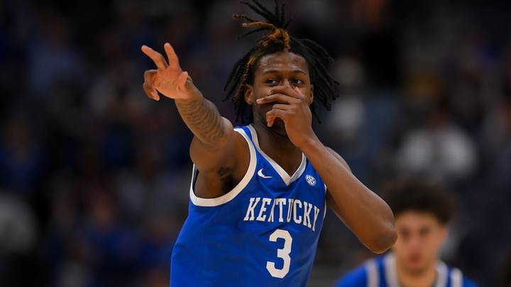 Mar 12, 2026; Nashville, TN, USA; Kentucky Wildcats guard Kam Williams (3) reacts after a made three point basket against the Missouri Tigers during the first half at Bridgestone Arena. Mandatory Credit: Steve Roberts-Imagn Images Mar 12, 2026; Nashville, TN, USA; Kentucky Wildcats guard Kam Williams (3) reacts after a made three point basket against the Missouri Tigers during the first half at Bridgestone Arena. Mandatory Credit: Steve Roberts-Imagn Images