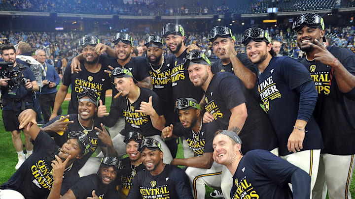 Sep 26, 2023; Milwaukee, Wisconsin, USA; Milwaukee Brewers clinch the National League Central with a Chicago Cubs loss and celebrate at American Family Field. Mandatory Credit: Michael McLoone-Imagn Images