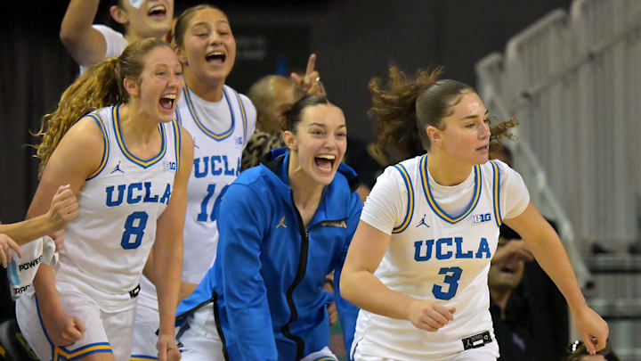 Dec 20, 2025; Los Angeles, California, USA; UCLA Bruins bench reacts after a 3-point basket by guard Christina Karamouzi (3) during the second half against Long Beach State Beach at Pauley Pavilion presented by Wescom Financial. Mandatory Credit: Jayne Kamin-Oncea-Imagn Images