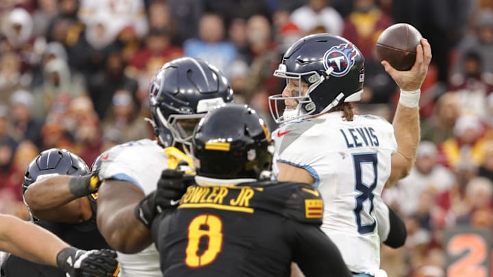 Dec 1, 2024; Landover, Maryland, USA; Tennessee Titans quarterback Will Levis (8) throws the ball against the Washington Commanders during the second half at Northwest Stadium. Mandatory Credit: Amber Searls-Imagn Images