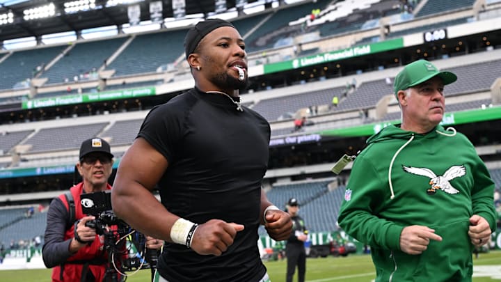 Oct 26, 2025; Philadelphia, Pennsylvania, USA; Philadelphia Eagles running back Saquon Barkley (26) leaves the field after the game against the New York Giants at Lincoln Financial Field. Mandatory Credit: Eric Hartline-Imagn Images