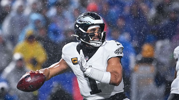 Dec 28, 2025; Orchard Park, New York, USA; Philadelphia Eagles quarterback Jalen Hurts (1) throws a pass in the third quarter against the Buffalo Bills at Highmark Stadium.