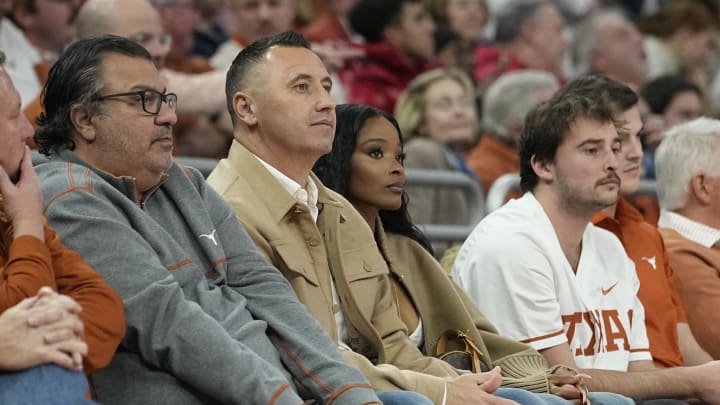 Jan 6, 2024; Austin, Texas, USA; Texas Longhorns head football coach Steve Sarkisian watches the first half of the Texas basketball game against the Texas Tech Red Raiders at Moody Center. Mandatory Credit: Scott Wachter-USA TODAY Sports Jan 6, 2024; Austin, Texas, USA; Texas Longhorns head football coach Steve Sarkisian watches the first half of the Texas basketball game against the Texas Tech Red Raiders at Moody Center. Mandatory Credit: Scott Wachter-USA TODAY Sports