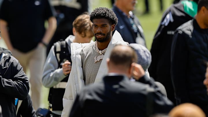 Apr 19, 2025; Boulder, CO, USA; Colorado Buffaloes former player Shedeur Sanders before the spring game at Folsom Field. Mandatory Credit: Isaiah J. Downing-Imagn Images