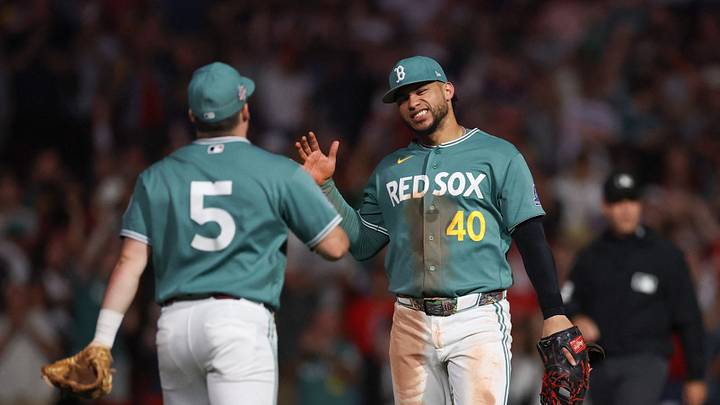 Aug 21, 2026; Boston, Massachusetts, USA; Boston Red Sox first baseman Willson Contreras (40) and third baseman Caleb Durbin (5) celebrate after defeating the San Francisco Giants at Fenway Park. Mandatory Credit: Paul Rutherford-Imagn Images Aug 21, 2026; Boston, Massachusetts, USA; Boston Red Sox first baseman Willson Contreras (40) and third baseman Caleb Durbin (5) celebrate after defeating the San Francisco Giants at Fenway Park. Mandatory Credit: Paul Rutherford-Imagn Images