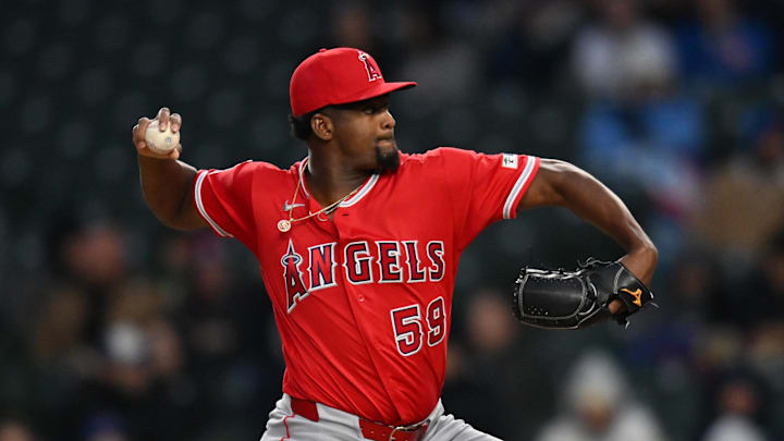 Mar 31, 2026; Chicago, Illinois, USA; Los Angeles Angels pitcher Jose Soriano (59) pitches against the Chicago Cubs during the first inning at Wrigley Field. Mandatory Credit: Patrick Gorski-Imagn Images