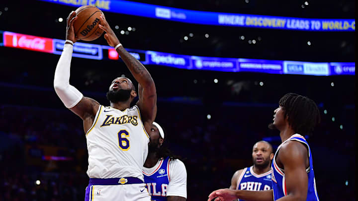 Jan 15, 2023; Los Angeles, California, USA; Los Angeles Lakers forward LeBron James (6) shoots ahead of Philadelphia 76ers guard Tyrese Maxey (0) during the second half at Crypto.com Arena. Mandatory Credit: Gary A. Vasquez-Imagn Images Jan 15, 2023; Los Angeles, California, USA; Los Angeles Lakers forward LeBron James (6) shoots ahead of Philadelphia 76ers guard Tyrese Maxey (0) during the second half at Crypto.com Arena. Mandatory Credit: Gary A. Vasquez-Imagn Images