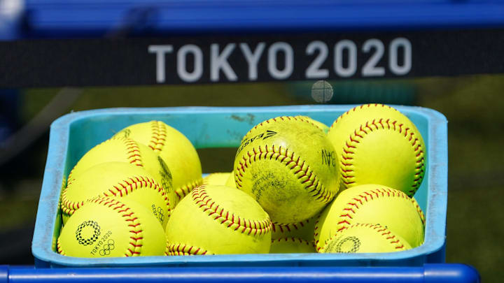 Jul 25, 2021; Yokohama, Japan; A general view of softballs at Yokohama Baseball Stadium during the Tokyo 2020 Olympic Summer Games between Australia and United States of America. Mandatory Credit: Kareem Elgazzar-USA TODAY Network
