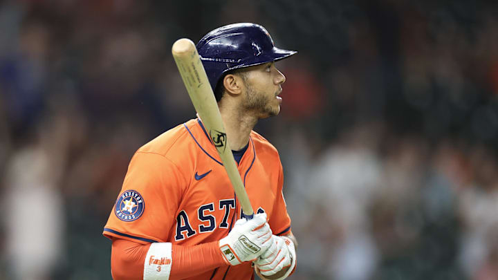 May 13, 2025; Houston, Texas, USA; Houston Astros shortstop Jeremy Pena (3) reacts to his home run against the Kansas City Royals in the sixth inning at Daikin Park. 