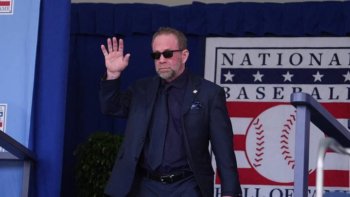 Jul 26, 2026; Cooperstown, NY, USA; Hall of Famer Jeff Bagwell is introduced during the National Baseball Hall of Fame Induction ceremony at Clark Sports Center. Mandatory Credit: Gregory Fisher-Imagn Images