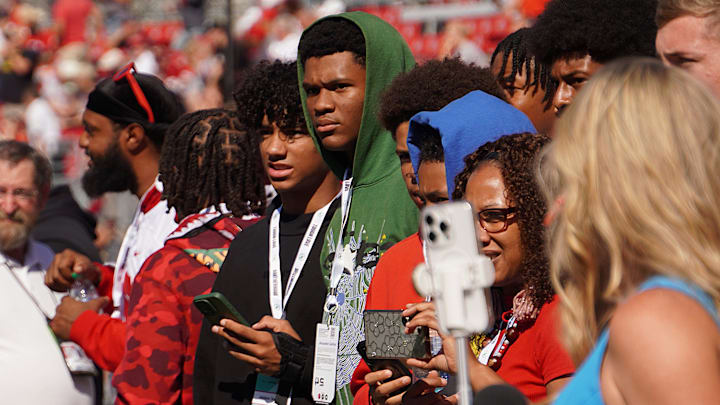 Oct 5, 2024; Columbus, OH, USA; Class of 2026 Fort Wayne, Indiana wide receivers Jaidon VanPelt and Jerquaden Guilford visit the field ahead of Ohio State's 35-7 win over the Iowa Hawkeyes after the NCAA football game at Ohio Stadium.