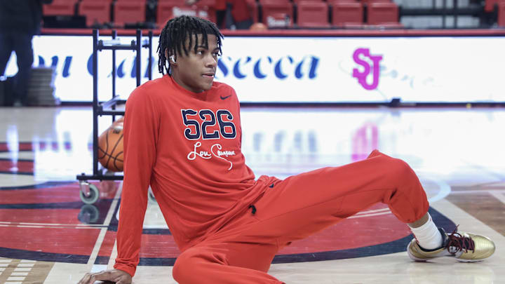 Dec 7, 2024; Queens, New York, USA;  St. John's basketball guard Simeon Wilcher (7) warms up prior to the game against the Kansas State Wildcats at Carnesecca Arena. 