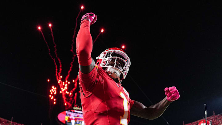 Kansas City Chiefs wide receiver Xavier Worthy (1) celebrates scoring a touchdown against Detroit Lions during the first half at Arrowhead Stadium in Kansas City, Missouri on Sunday, Oct. 12, 2025.