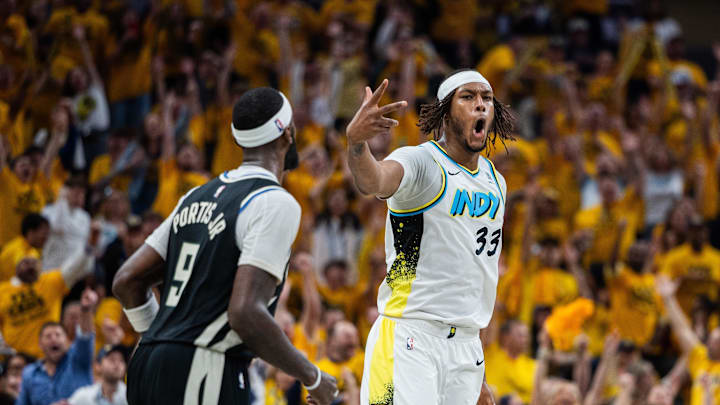 Apr 29, 2025; Indianapolis, Indiana, USA; Indiana Pacers center Myles Turner (33) celebrates a made basket during game five of the first round for the 2024 NBA Playoffs against the Milwaukee Bucks  at Gainbridge Fieldhouse. Mandatory Credit: Trevor Ruszkowski-Imagn Images