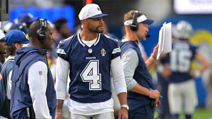 Dallas Cowboys quarterback Dak Prescott looks on from the sidelines during the game against the Los Angeles Rams 