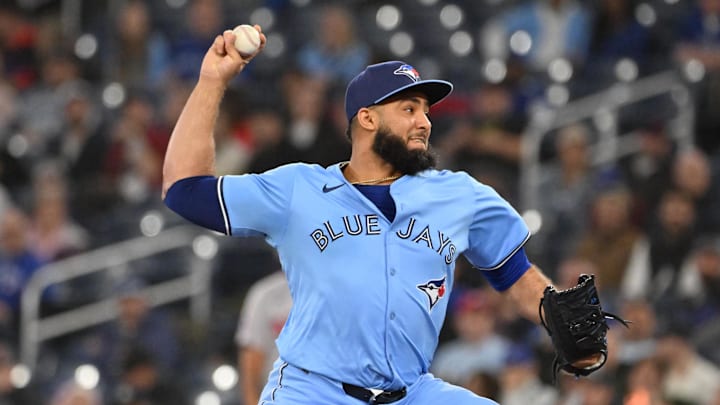 May 1, 2025; Toronto, Ontario, CAN; Toronto Blue Jays relief pitcher Yimi Garcia (93) delivers a pitch against the Boston Red Sox in the ninth inning at Rogers Centre. 