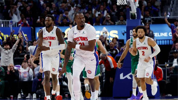 Oct 20, 2026; Detroit, Michigan, USA;  Detroit Pistons guard Javonte Green (31) celebrates after he makes a three point basket in the second half against the Boston Celtics at Little Caesars Arena.  Mandatory Credit: Rick Osentoski-Imagn Images