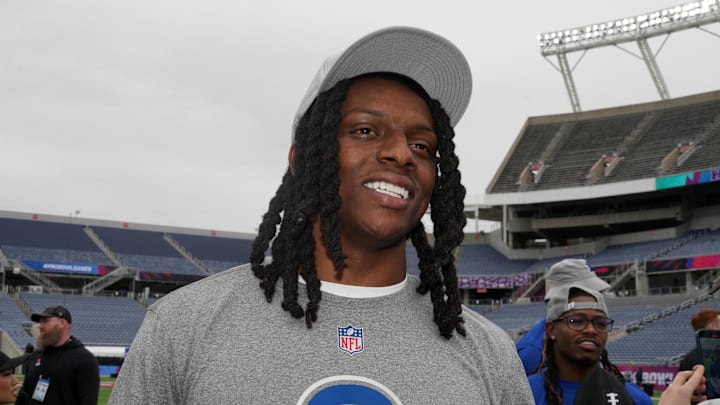 Feb 1, 2025; Orlando, FL, USA; Carolina Panthers cornerback Jaycee Horn (8) during NFC Practice for the Pro Bowl Games at Camping World Stadium. 