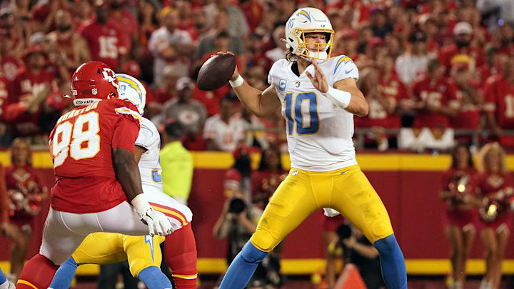 Sep 15, 2022; Kansas City, Missouri, USA; Los Angeles Chargers quarterback Justin Herbert (10)
