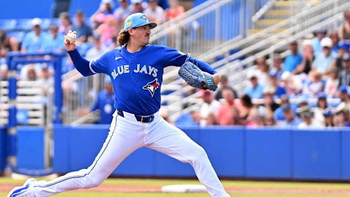 Feb 26, 2026; Dunedin, Florida, USA; Toronto Blue Jays starting pitcher Kevin Gausman (34) throws a pitch in the first inning against the Florida Marlins during spring training at TD Ballpark. Mandatory Credit: Jonathan Dyer-Imagn Images