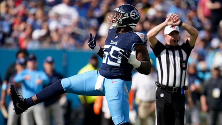 Tennessee Titans defensive tackle Sebastian Joseph-Day (69) celebrates sacing New England Patriots quarterback Drake Maye during the first quarter at Nissan Stadium in Nashville, Tenn., Sunday, Nov. 3, 2024.
