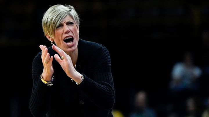Iowa head coach Jan Jensen reacts Nov. 9, 2025 during a women’s basketball game against the Evansville Purple Aces at Carver-Hawkeye Arena in Iowa City, Iowa.