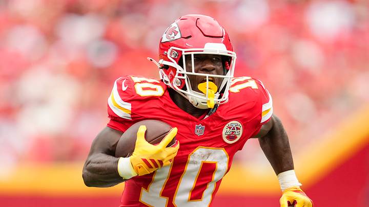 Aug 15, 2026; Kansas City, Missouri, USA; Kansas City Chiefs running back Emmett Johnson (10) runs the ball during the first half against the Los Angeles Rams at Arrowhead Stadium. Mandatory Credit: Jay Biggerstaff-Imagn Images