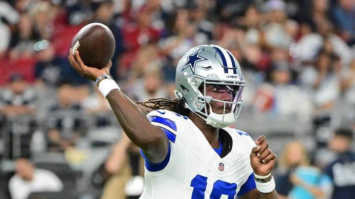 Aug 22, 2026; Glendale, Arizona, USA; Dallas Cowboys quarterback Joe Milton III (10) throws a pass in the first half against the Arizona Cardinals at State Farm Stadium. Mandatory Credit: Matt Kartozian-Imagn Images Aug 22, 2026; Glendale, Arizona, USA; Dallas Cowboys quarterback Joe Milton III (10) throws a pass in the first half against the Arizona Cardinals at State Farm Stadium. Mandatory Credit: Matt Kartozian-Imagn Images