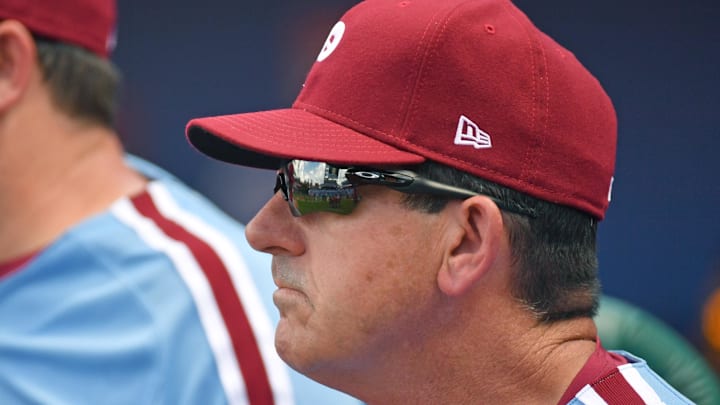Aug 7, 2022; Philadelphia, Pennsylvania, USA; Philadelphia Phillies interim manager Rob Thomson (59) in the dugout against the Washington Nationals at Citizens Bank Park. Mandatory Credit: Eric Hartline-Imagn Images
